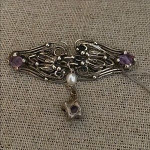 Vintage sterling silver amethyst pearl pin